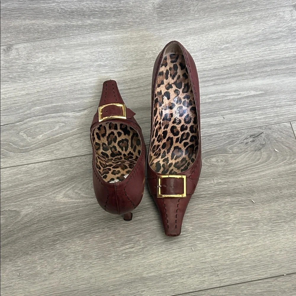 Dolce & Gabbana Vintage Brown Burgundy Women's Pointy Shoes with Gold Buckle